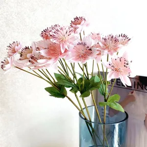 Artificial pink masterwort flower bouquet in blue glass vase for home room decor 1pc