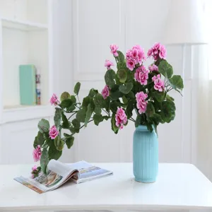 Artificial flower vine potted plant pink geranium fake floral home decor blue vase table top