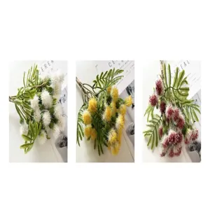 Detailed view of artificial dandelion flower bouquets in white, yellow and red colors.