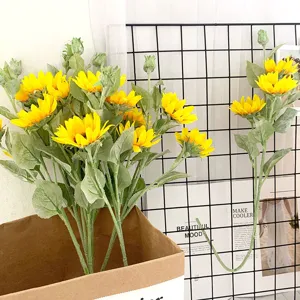 Detail view of artificial sunflower bouquet for home decor, premium flocked silk fake flowers.