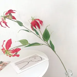 Artificial Silk Flame Lily Flower Branch Fake Gloriosa Lily Stem For Home Wedding Party Decor Photography Props