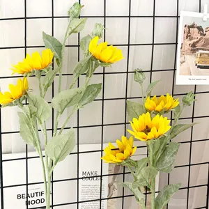 High-grade artificial flocked silk sunflower for pastoral home decor and wedding arrangement.
