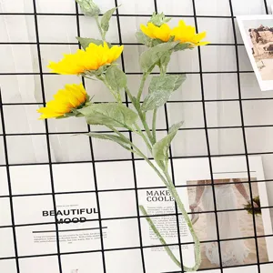 High-grade artificial sunflower single stem with flocked leaves for home decor and weddings.