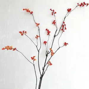 Rama de Fruta de Otoño Artificial Roja Naranja Tallo de Baya Falsa Estilo Zen Chino Decoración del Hogar Arreglo Floral