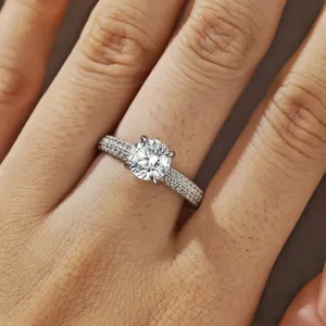 1 Carat Moissanite Ring 925 Sterling Silver Pave Band Solitaire Engagement Ring Detail View