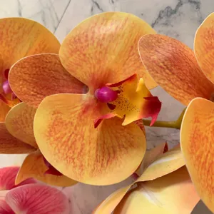 Close-up detail of artificial phalaenopsis orchid flower, vibrant yellow orange petals.