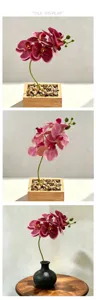 Detailweergave kunstorchidee, mini 5-takts phalaenopsis neobloem arrangement met houten pot.
