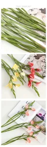 Primo piano dettagliato di fiori di gladioli artificiali in morbida gomma con texture reali.