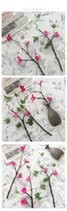 Detailed view of artificial bougainvillea branch with pink flowers and green leaves.