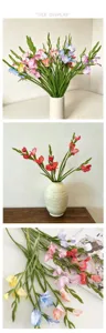 Dettagli in primo piano di fiori di gladiolo artificiali morbidi per decoro interno.