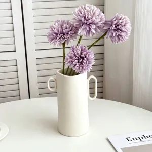 Artificial allium flower bouquet with white ceramic vase for home decor table display