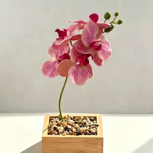 Mini kunstmatige phalaenopsis orchidee in houten pot met stenen voor decoratie.