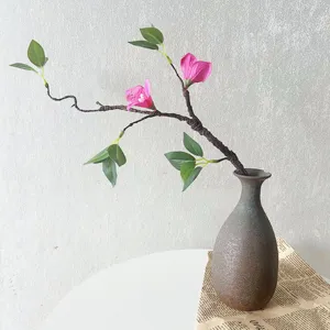 Artificial Bougainvillea Branch with Leaves Fake Flowers with Ceramic Vase for Home Decor