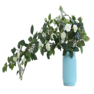Artificial white rose flower vine with blue vase for home decor, wedding, and wall hanging.