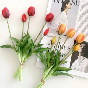 Artificial tulip bouquet 5-head soft rubber touch flowers for home wedding table decoration.