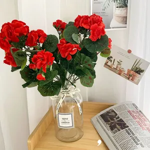 Artificial red flower bouquet with glass vase for home wedding party table decor photography props