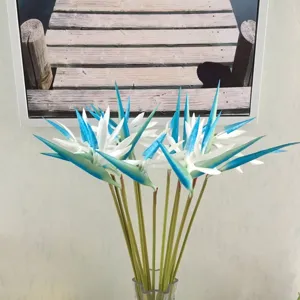 Artificial bird of paradise flowers white blue silk floral arrangement with glass vase.