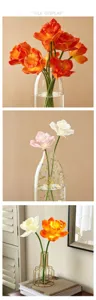 Detailaufnahme künstlicher Narzissen Blumen, transparente Glasvase Heimdekoration.