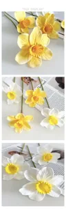Detalle de primer plano de flores de narciso artificiales, arreglo floral amarillo.