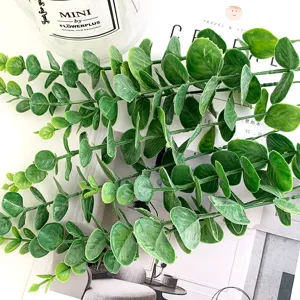 Primer plano de tallos de hojas de eucalipto artificiales, hojas de dinero verdes para decoración.
