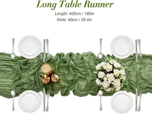 Green gauze table runner 400x90cm pleated long table cloth for wedding party decor.