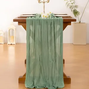 Green gauze table runner, pleated crepe fabric for wedding party, luxury home decor.