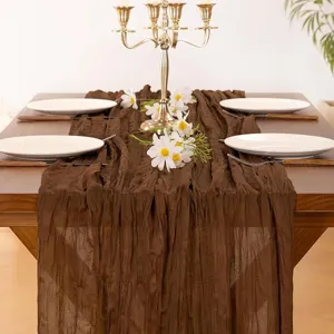 Brown crinkled cheesecloth table runner for rustic wedding party decor and dining table