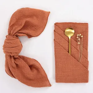 Rust brown cheesecloth table napkins, versatile gauze dinner napkin detail display for wedding.
