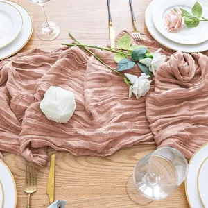 Pink crinkle gauze table runner for wedding party rustic dining table decor fabric