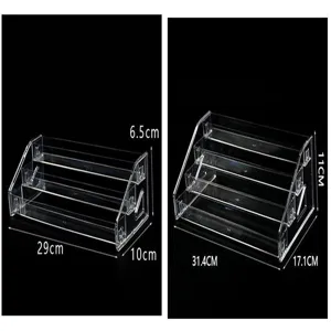 Clear acrylic tiered display stand sizing details, multi-layer shelf organizer for small bottles.