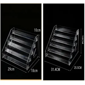 Clear acrylic tiered display stand detail showing precise dimensions and multi-layer design.