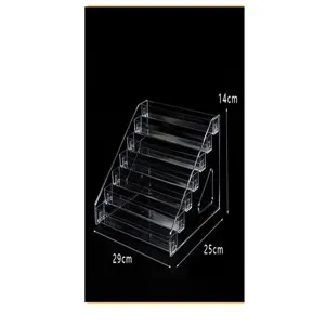 Clear acrylic 6-tier display stand for small bottles and desktop organization detail view.