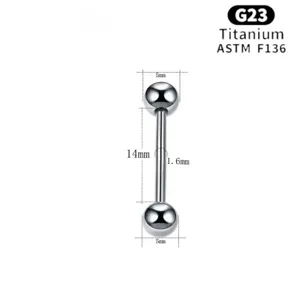Detailansicht des G23 Titan Zungenpiercing Barbell, 14 mm Länge, 1,6 mm Stärke, zwei 5 mm Kugeln.