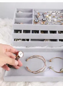 Estuche de joyería de terciopelo gran capacidad bandeja de cajón anillos collares
