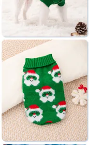 Detailed view of the cute green dog Christmas sweater featuring a cozy knitted Santa pattern.