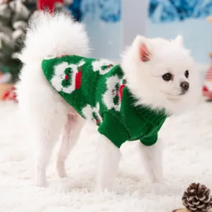 Cozy Christmas dog sweater, green knitted winter pet apparel with festive Santa pattern for small dogs.