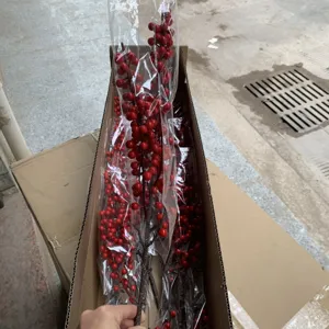 Artificial red berry branches for floral arrangement and home decor, realistic winterberry stem.
