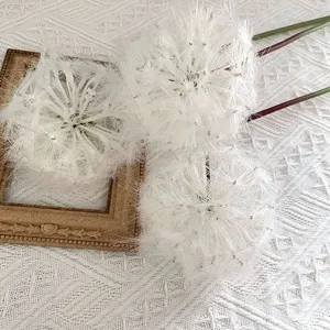 Artificial dandelion flower detail close-up, white fluffy floral arrangement decor for home.