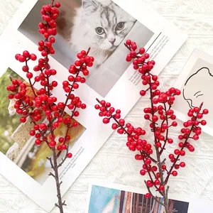 Artificial red winterberry branches fake berry stems for home decor flower arrangement detail