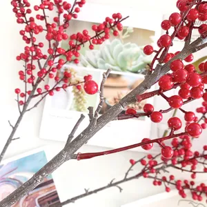 Artificial red winterberry branch fake berry branch for home floral arrangement decor.