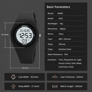 Montre numérique étanche SKMEI pour homme et femme, bracelet en silicone noir, montre sport.