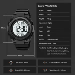 SKMEI 2713 waterproof digital sports watch with multiple functions and size specs