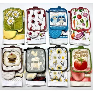 Kitchen oven mitts pot holders and towels set, heat resistant cooking baking tool kits.