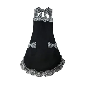 Women Fashion Princess Cute Apron Black Plaid Ruffle Bow Halter Sleeveless Apron For Home Housework Kitchen Restaurant