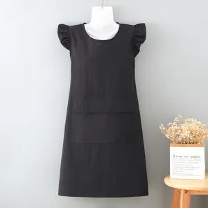 Black ruffle kitchen apron, sleeveless housework smock with double front pockets for cooking.