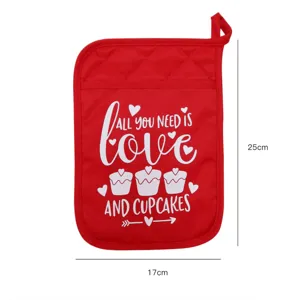 Red Valentine heart cupcake oven mitt detail shot showing heat-resistant fabric and hanging loop.