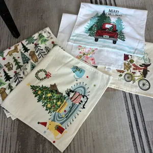 Cotton printed kitchen dish towel detail, cute cat and Christmas pattern design absorption.