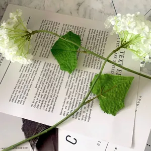 Artificial single branch white hydrangea flower with green leaves for wedding party home decor.