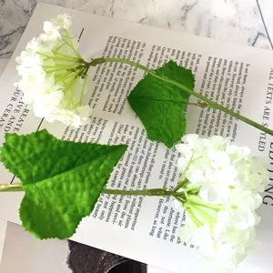 Artificial white hydrangea single stem fake flower with green leaves for home decor props.