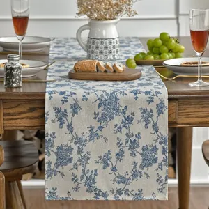 Blue and white floral table runner for dining room home decor and party table cloth.